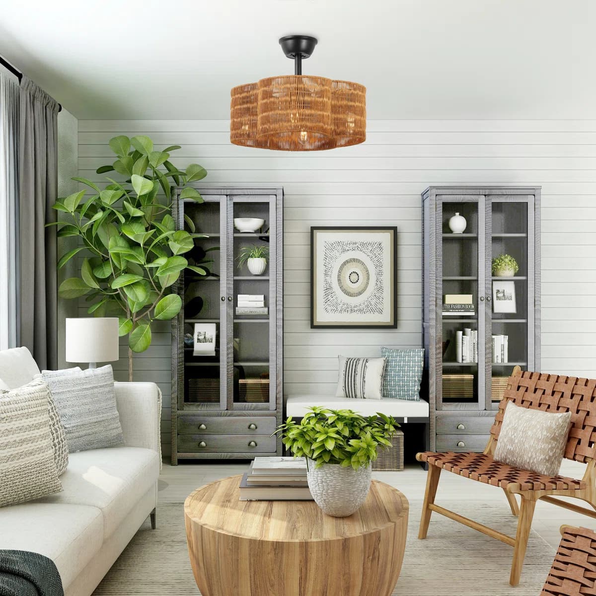 19.7" Brown Rattan Ceiling Fan with Light