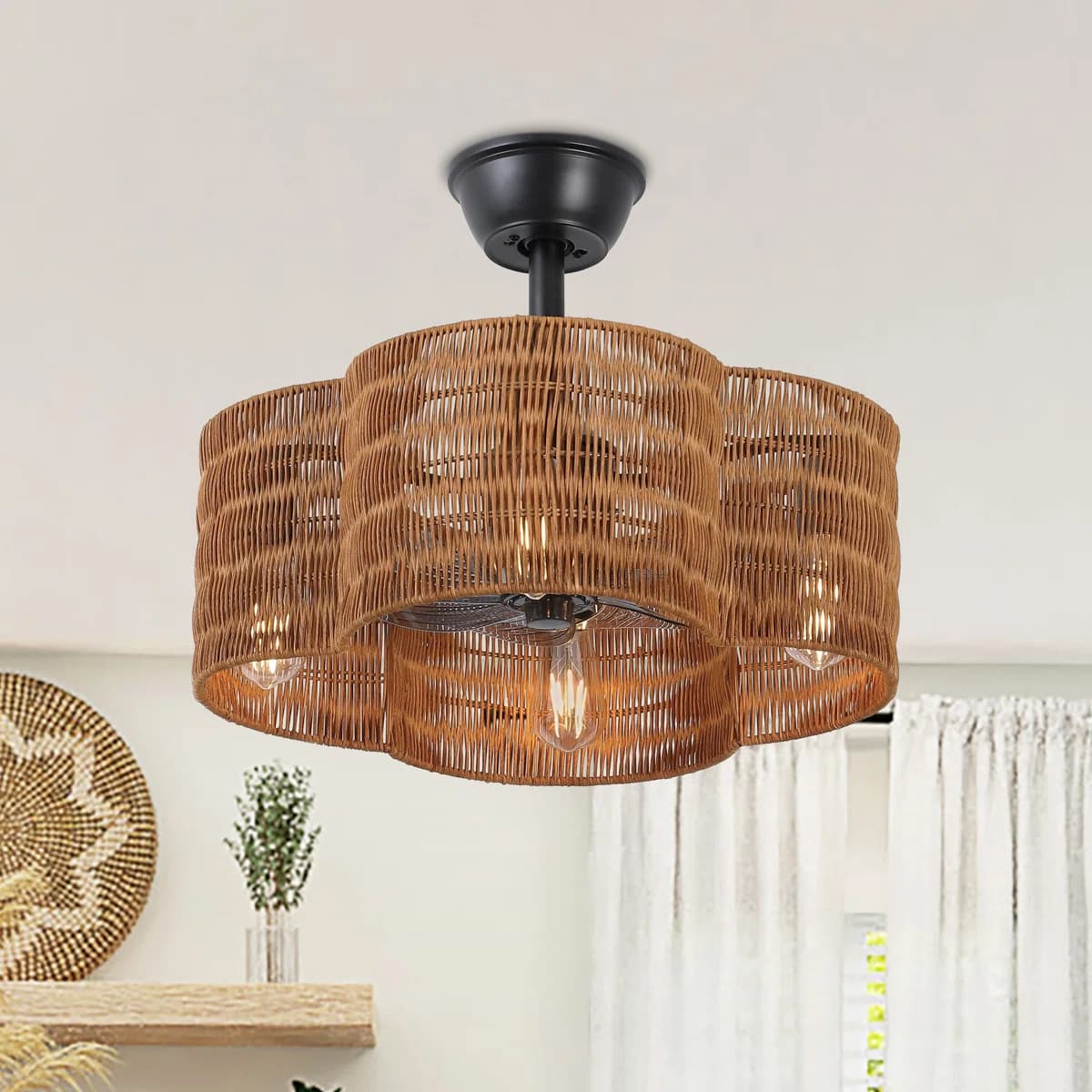 19.7" Brown Rattan Ceiling Fan with Light
