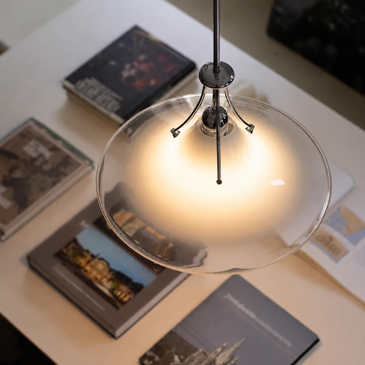 Wholesale Frosted Glass Saucer Pendant Light with Polished Metal Frame